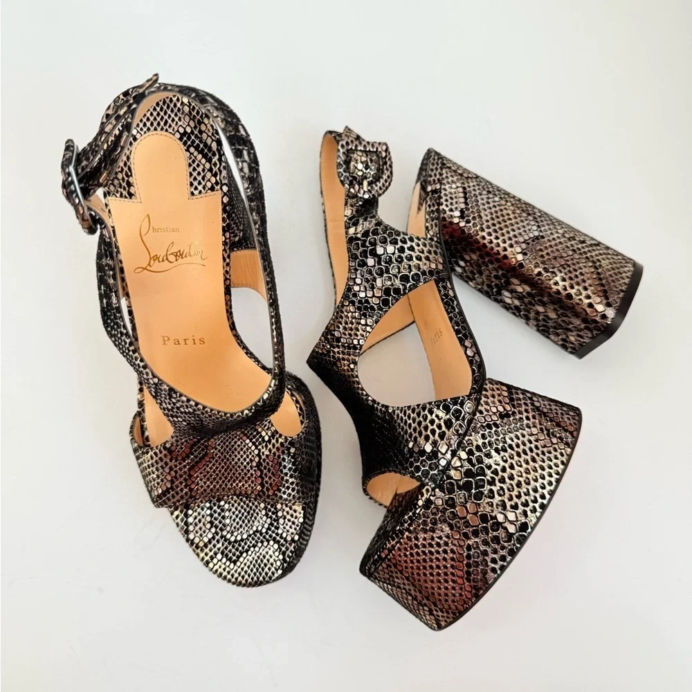 Christian Louboutin Black Gold Snakeskin Foolish 130 Platform Sandals EU 38.5